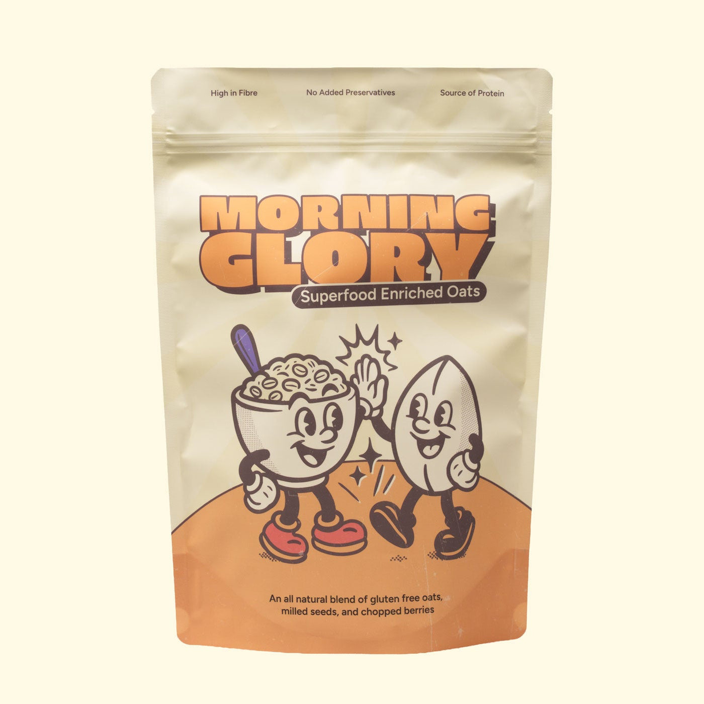 Package of 'Morning Glory' superfood enriched oats with cartoon characters on a beige background