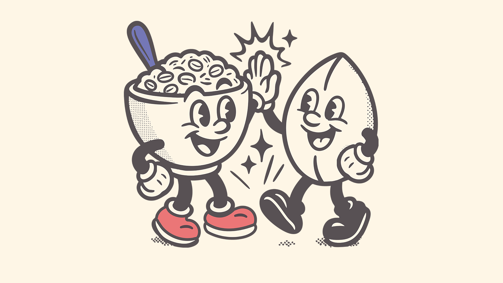 Cartoon illustration of a bowl of cereal and an oat on a beige background